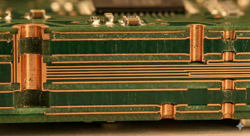 High tech multilayer PCB cross section showing prepreg bonding layers and copper traces for reliable stackups
