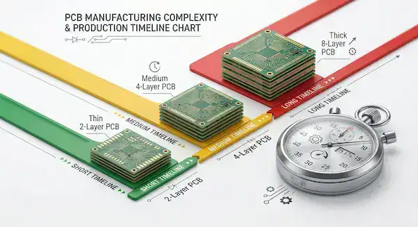 Infographic chart comparing PCB fabrication lead time for 2 layer, 4 layer, and 8 layer circuit boards (1)