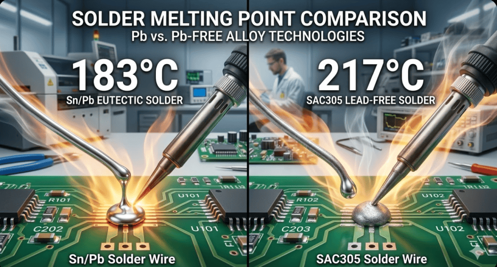 Infographic showing the melting point difference between lead vs lead free solder during reflow soldering