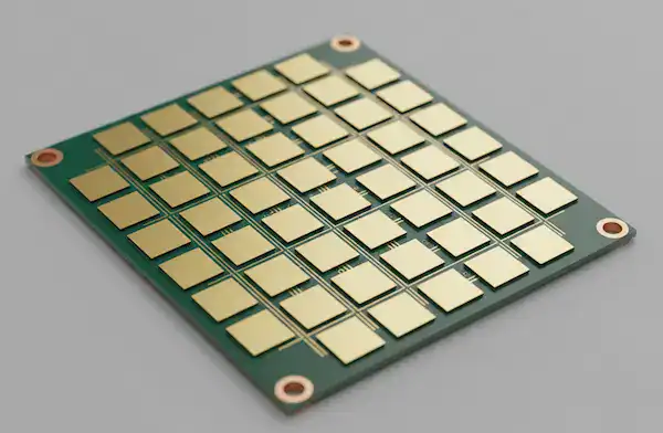 LEO-satellite-8x8-Phased-Array-Radar-Embedded-Components-PCB-unpopulated-green-board-with-intricate-gold-BGA-and-QFN-arrays