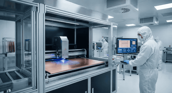 Laser Direct Imaging (LDI) equipment used in factories for fine PCB trace width spacing