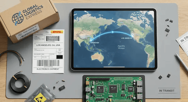 Logistics comparison of PCB assembly lead times showing USA domestic shipping vs China air freight routes cleanup