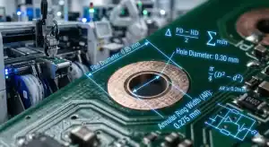 Macro view of a perfect annular ring in PCB design with engineering calculation lines