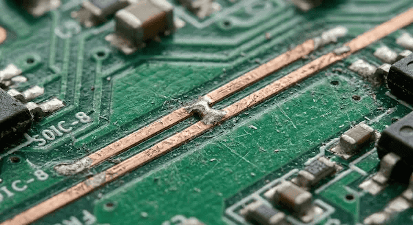 Macro view of an etched PCB showing a short circuit due to CAD DRC vs factory DFM limits cleanup