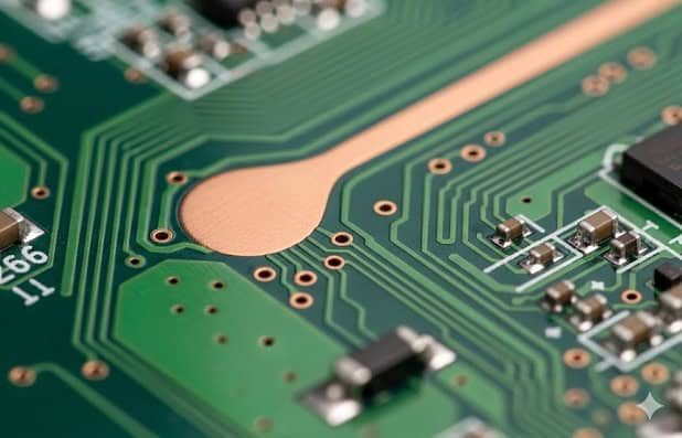 Macro view of teardrop pad pcb design reinforcing the connection between trace and via
