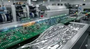 Macro view of the wave soldering process with molten solder contacting a green PCB