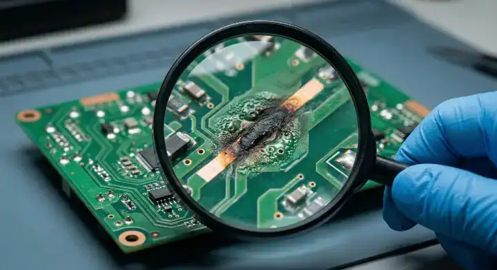 Magnifying glass showing an overheated burnt copper trace on a PCB, demonstrating tolerance failure risks according to IPC A 600 standards cleanup
