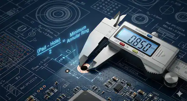 Measuring the minimum annular ring size on a PCB with industrial calipers and design blueprints