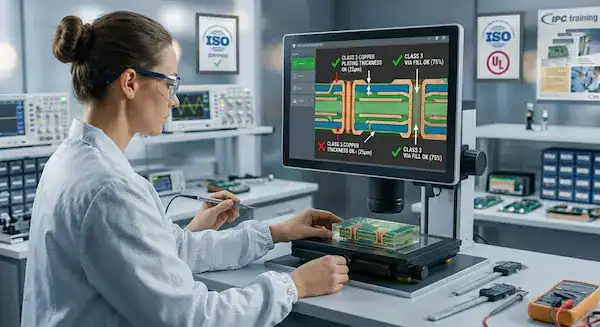 Microscopic cross section analysis of a circuit board in a lab to verify internal compliance with IPC standards for PCB
