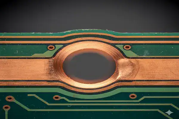 Microscopic cross section of blind and buried vias within a high precision multilayer pcb