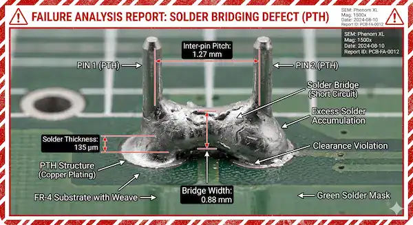 Microscopic failure analysis of a solder bridging defect caused by improper wave soldering