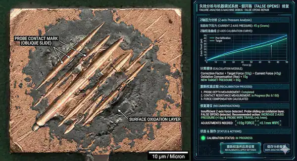 Microscopic failure analysis of copper pad oxidation and Z axis pressure calibration fixing flying probe false opens