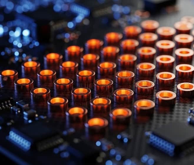 Microscopic top view of a perfectly centered annular ring pcb on a standard via.