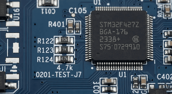 Microscopic view of 0201 components and BGA chips on a dense board, explaining driving factors of PCB assembly cost cleanup