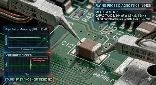 Microscopic view of a flying probe test measuring electrical parameters and micro shorts on a PCB