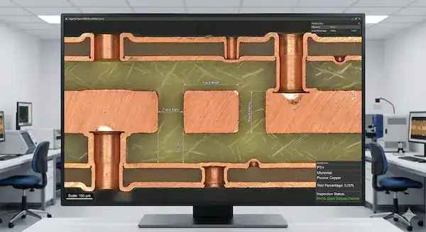 Microsection analysis showing prepreg resin perfectly filling heavy copper gaps with zero voids to prevent PCB failures
