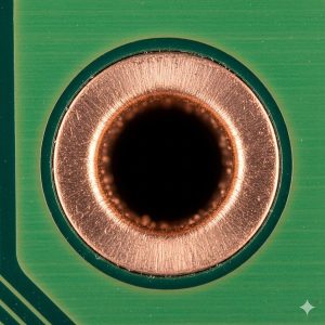 Multilayer PCB cross section showing internal annular ring pcb alignment and plating.