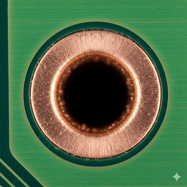 Multilayer PCB cross section showing internal annular ring pcb alignment and plating.