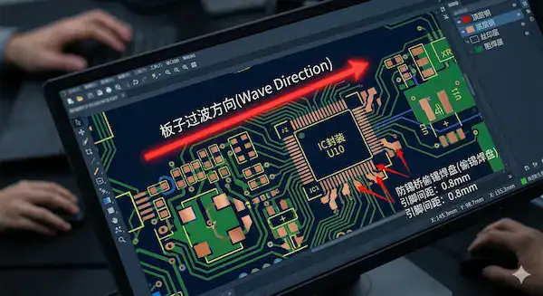 PCB CAD software showing DFM rules for wave soldering including solder thieves