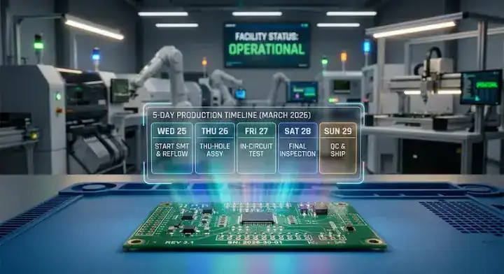 PCB fabrication lead time concept showing a digital calendar floating over a modern manufacturing factory line (1)