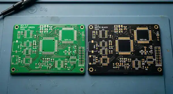 PCB fabrication lead time differences illustrated by a standard green board versus a custom matte black board (1)