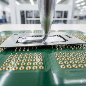 Precision soldering paste stencil printing process on a green PCB in a modern SMT factory