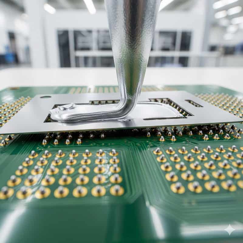 Precision soldering paste stencil printing process on a green PCB in a modern SMT factory