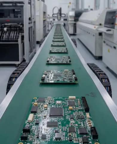 Production line view of high precision Embedded Components PCB on a green ESD conveyor belt with a blurred factory background