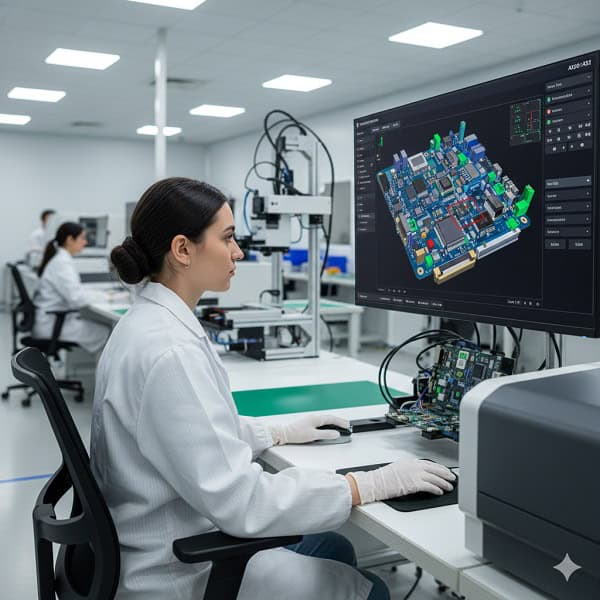 Quality assurance engineer at top EMS companies in Us inspecting a complex PCBA using advanced AOI technology