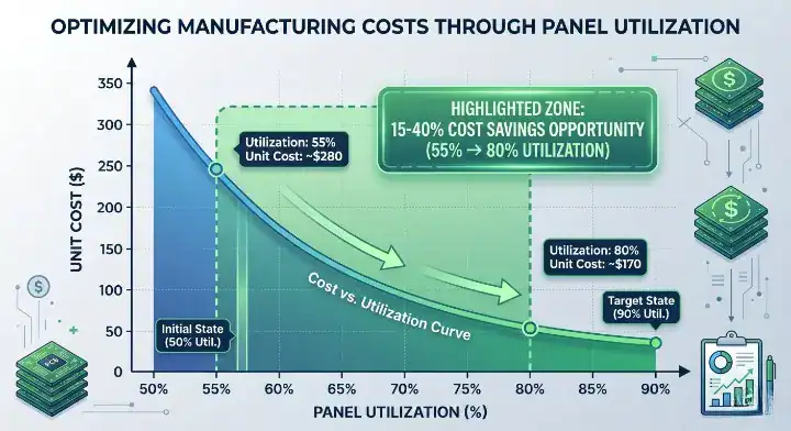Reduce PCB panel costs chart showing relationship between panel utilization rate and unit cost cleanup