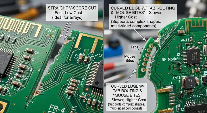 Reduce PCB panel costs comparing V score and tab routing (mouse bites) on a PCB panel cleanup