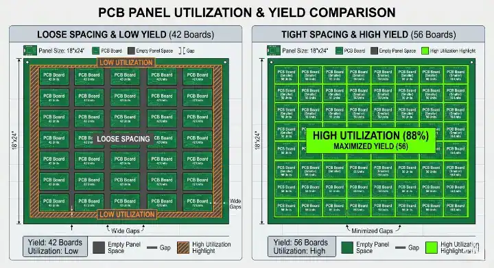 Reduce PCB panel costs comparing panel yield before and after board size optimization cleanup