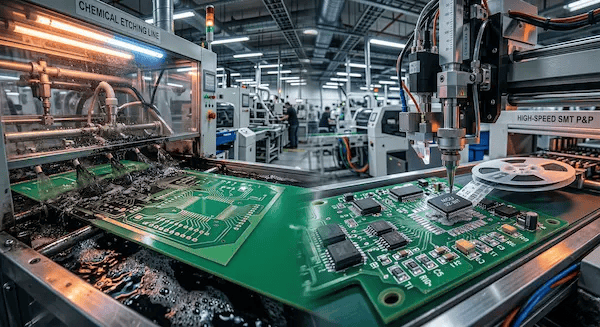 Showing the difference between DFF bare board fabrication and DFA automated component assembly cleanup