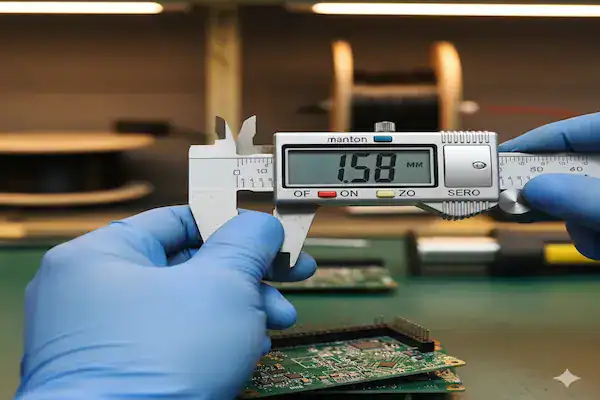 Technician using a digital caliper to measure the precision thickness of a multilayer pcb (2)