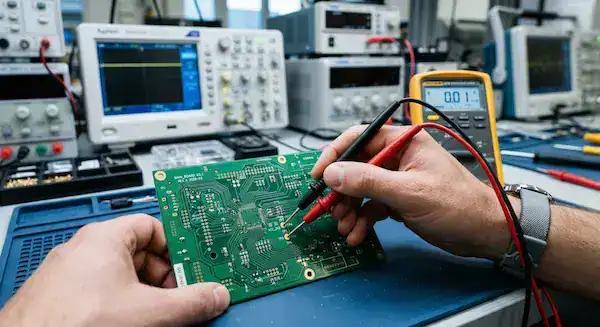 Testing a bare PCB for fabrication defects using a digital multimeter on an anti static workbench cleanup (1)