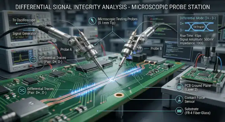 Testing probes measuring controlled impedance tolerance on a high speed printed circuit board differential pair cleanup