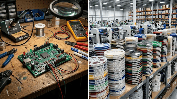 The scale difference between a prototype build and reels used in mass production PCB assembly cleanup