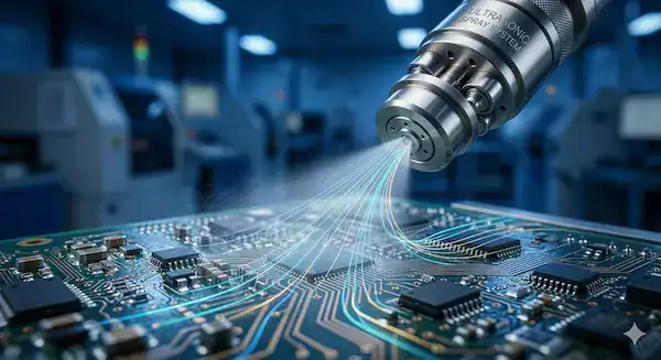 Ultrasonic spray nozzle applying no clean flux during the wave soldering process