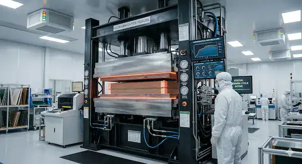 Vacuum hydraulic lamination press machine melting prepreg resin in a professional PCB manufacturing factory