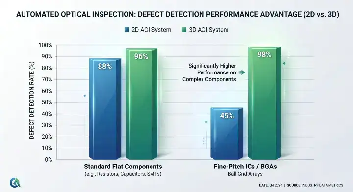 2D vs 3D AOI full form comparison chart showing improved defect detection rates for fine pitch components cleanup