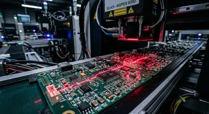 3D Automated Optical Inspection (AOI) machine performing a First Article Inspection on a new PCB assembly run