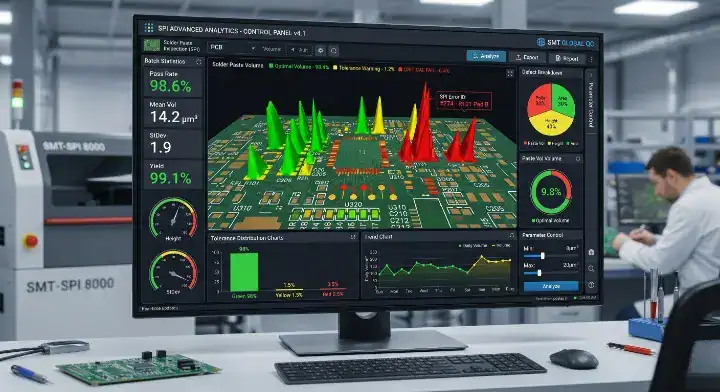 3D SPI data report used to evaluate solder paste volume and accuracy remotely cleanup