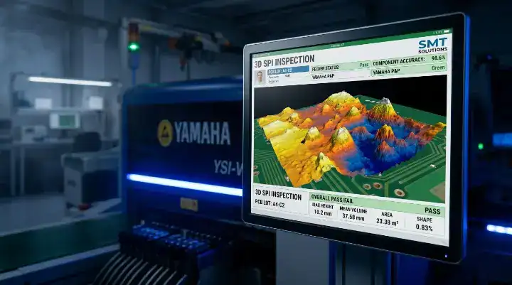 3D Solder Paste Inspection (SPI) monitor showing real time defect data on a PCB assembly line cleanup