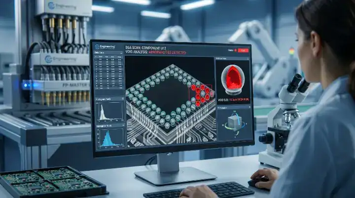 3D X ray inspection scan revealing hidden solder voids under a BGA component to prevent field failures cleanup