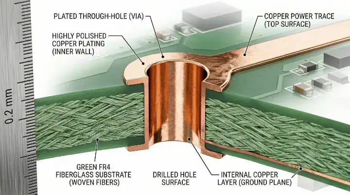 3D cross section diagram of a PCB via showing the copper plating thickness and thermal insulation inside the FR4 substrate cleanup