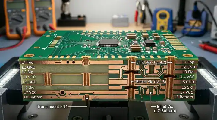 3D cross section diagram showing the internal stackup arrangement of an 8 layer PCB with dedicated ground planes for signal integrity cleanup