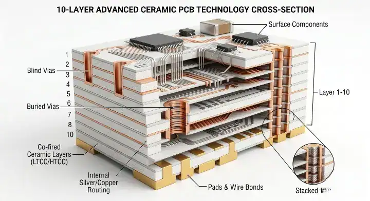3D cross section infographic showing 10 layer routing and blind vias in the co fired ceramic PCB manufacturing process cleanup