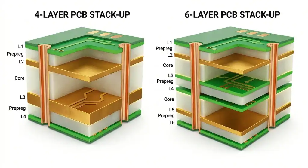 3D infographic comparison of 4 layer vs 6 layer PCB stack up design showing signal and ground planes