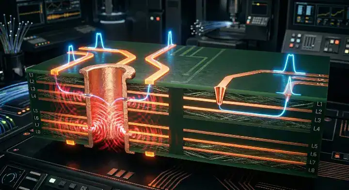3D infographic showing signal integrity differences between a standard PCB with a via stub and an HDI PCB with a clean transmission path