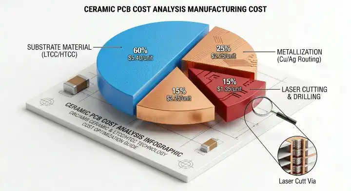 3D pie chart infographic showing the manufacturing cost breakdown driving the final ceramic PCB price cleanup